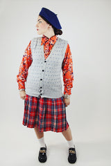 sleeveless grey printed button up sweater vest vintage 1980's