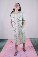 short sleeve floral lace dress midi length cream color with green accents vintage women's 1960's