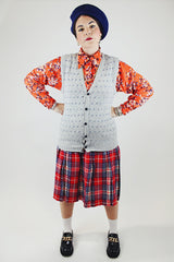 sleeveless grey printed button up sweater vest vintage 1980's