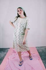 short sleeve floral lace dress midi length cream color with green accents vintage women's 1960's