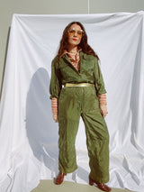 long sleeve army green jumpsuit zips up the front vintage