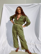 long sleeve army green jumpsuit zips up the front vintage