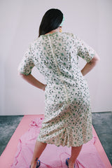 short sleeve floral lace dress midi length cream color with green accents vintage women's 1960's