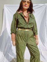 long sleeve army green jumpsuit zips up the front vintage