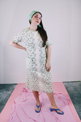 short sleeve floral lace dress midi length cream color with green accents vintage women's 1960's