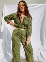 long sleeve army green jumpsuit zips up the front vintage