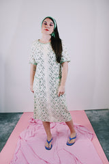 short sleeve floral lace dress midi length cream color with green accents vintage women's 1960's