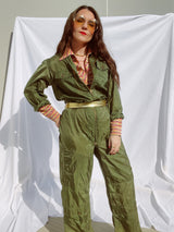 long sleeve army green jumpsuit zips up the front vintage