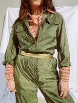 long sleeve army green jumpsuit zips up the front vintage