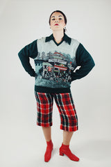 long sleeve forest green acrylic print pullover sweater with collar vintage 1970's