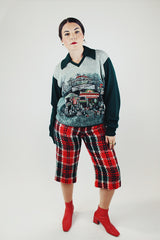 red and green tartan plaid woo capri length pants vintage 1970's