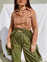 long sleeve striped pullover tshirt top with collar and half button closure vintage women's 1970's