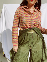 long sleeve striped pullover tshirt top with collar and half button closure vintage women's 1970's