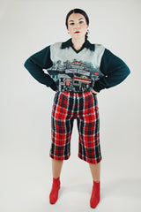 red and green tartan plaid woo capri length pants vintage 1970's
