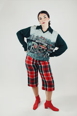 red and green tartan plaid woo capri length pants vintage 1970's