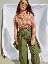 long sleeve striped pullover tshirt top with collar and half button closure vintage women's 1970's