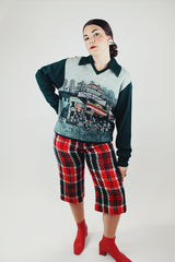 red and green tartan plaid woo capri length pants vintage 1970's