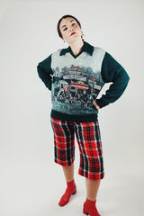 long sleeve forest green acrylic print pullover sweater with collar vintage 1970's