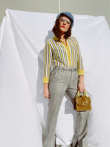 long sleeve blue and yellow striped pullover wool sweater with collar and buttons up the front vintage 1960's