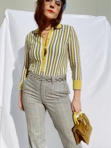 long sleeve blue and yellow striped pullover wool sweater with collar and buttons up the front vintage 1960's