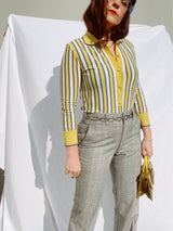 long sleeve blue and yellow striped pullover wool sweater with collar and buttons up the front vintage 1960's