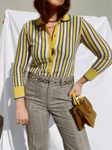 long sleeve blue and yellow striped pullover wool sweater with collar and buttons up the front vintage 1960's