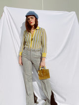 long sleeve blue and yellow striped pullover wool sweater with collar and buttons up the front vintage 1960's