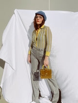 olive green small suede purse with yellow handle vintage 1960's