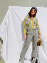 long sleeve blue and yellow striped pullover wool sweater with collar and buttons up the front vintage 1960's