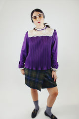 long sleeve purple blouse with pleats and cream lace trim vintage 1970's
