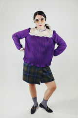 long sleeve purple blouse with pleats and cream lace trim vintage 1970's