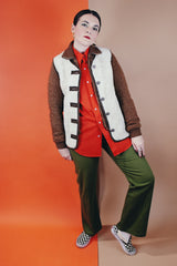 Women's or men's vintage 1970's Robert Lewis Weather Wear, The Swacket label long sleeve wool jacket with an attached white faux fur vest.