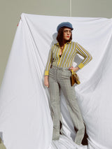 long sleeve blue and yellow striped pullover wool sweater with collar and buttons up the front vintage 1960's