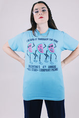 short sleeve blue t-shirt 1980's with watermelon slices dancing graphic