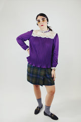 long sleeve purple blouse with pleats and cream lace trim vintage 1970's