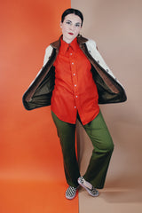 Women's or men's vintage 1970's Robert Lewis Weather Wear, The Swacket label long sleeve wool jacket with an attached white faux fur vest.