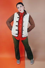 Women's or men's vintage 1970's Robert Lewis Weather Wear, The Swacket label long sleeve wool jacket with an attached white faux fur vest.