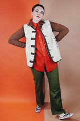 Women's or men's vintage 1970's Robert Lewis Weather Wear, The Swacket label long sleeve wool jacket with an attached white faux fur vest.