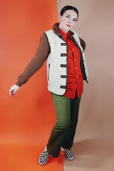 Women's or men's vintage 1970's Robert Lewis Weather Wear, The Swacket label long sleeve wool jacket with an attached white faux fur vest.