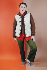 Women's or men's vintage 1970's Robert Lewis Weather Wear, The Swacket label long sleeve wool jacket with an attached white faux fur vest.