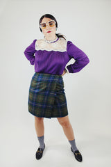 green and blue plaid print wool blend mini skirt with wrap front 1990's