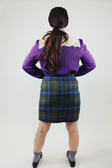 green and blue plaid print wool blend mini skirt with wrap front 1990's