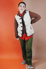 Women's or men's vintage 1970's Robert Lewis Weather Wear, The Swacket label long sleeve wool jacket with an attached white faux fur vest.