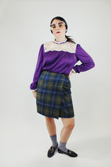 green and blue plaid print wool blend mini skirt with wrap front 1990's