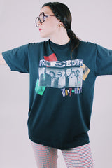 black short sleeve graphic t-shirt 1980's white heart band tee