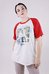 short sleeve vintage graphic baseball t-shirt jethro tull 1980's white body with red arms