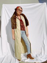 short sleeve button up shirt dress tan cotton ankle length vintage