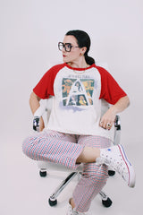 short sleeve vintage graphic baseball t-shirt jethro tull 1980's white body with red arms