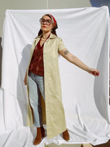 short sleeve button up shirt dress tan cotton ankle length vintage