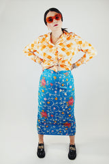 midi length blue high waist pencil skirt with all over floral embroidery 1990's
